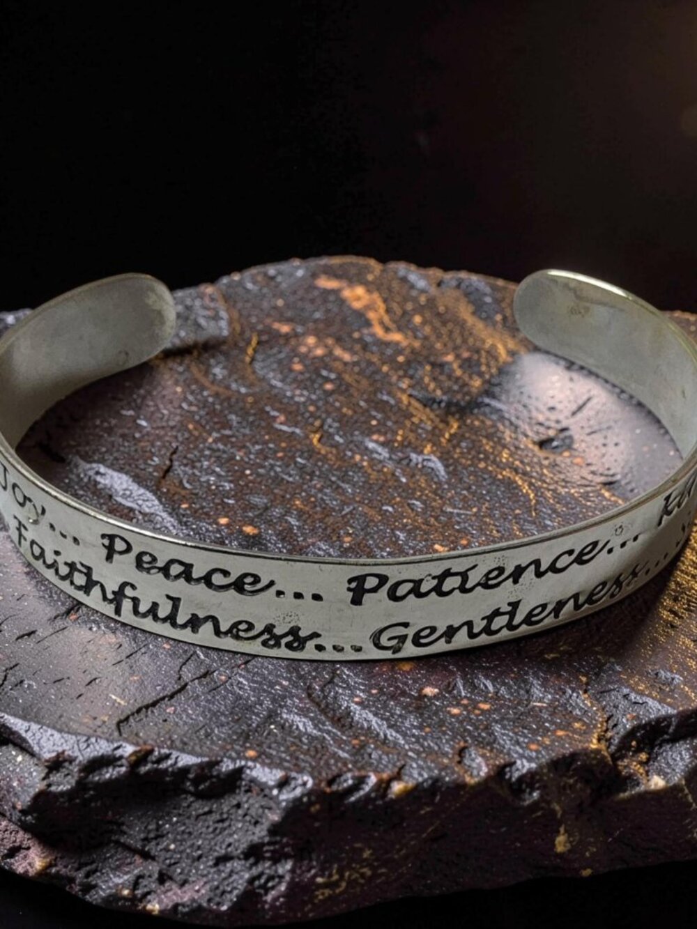 vintage silver tone love, joy, peace, patience, kindness, goodness bracelet